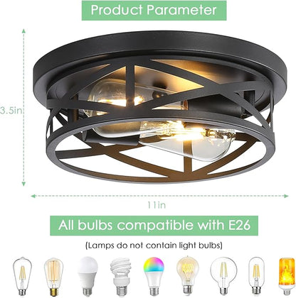 2-Pack Close to Ceiling Light Fixtures, 11 Inch Farmhouse Flush Mount Ceiling Light 2-Lights, Black Industrial Metal Cage Semi Flush Mount Ceiling Light for House Hallway Kitchen Bedroom
