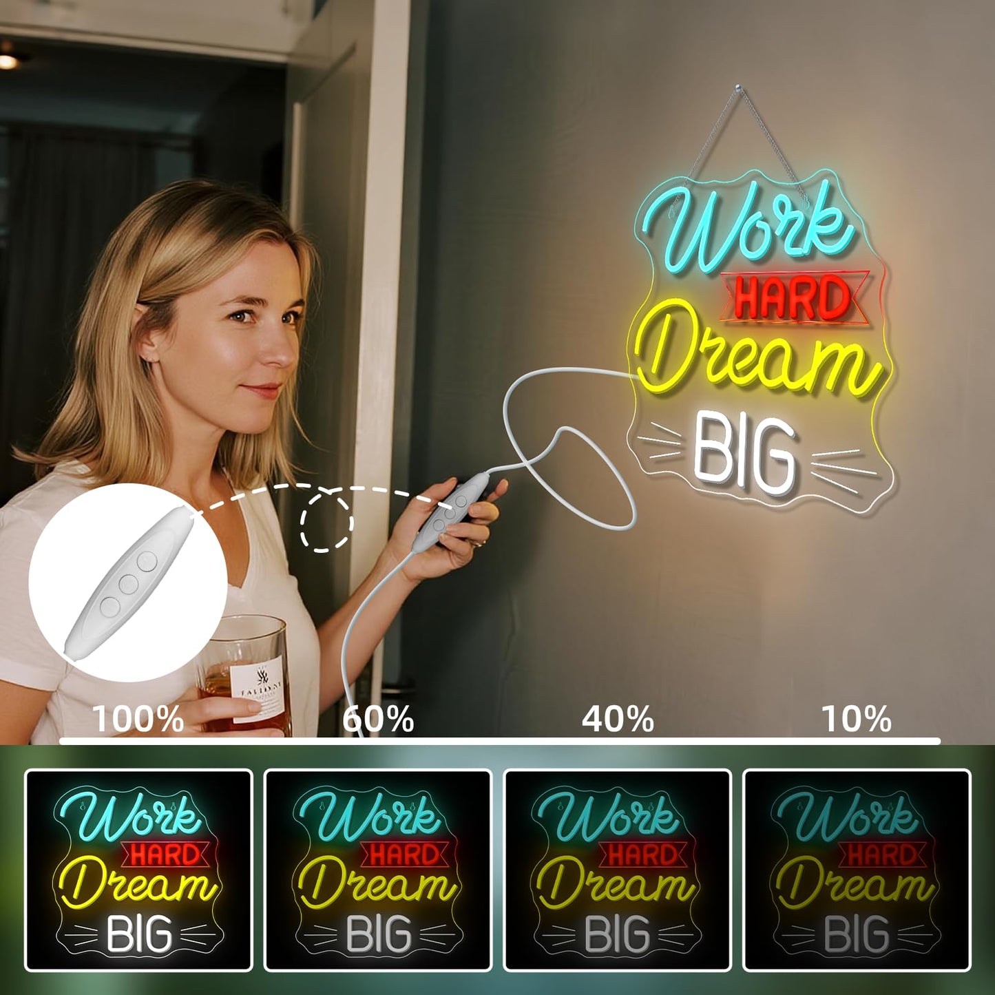 NOSUN Work Hard Dream Big Neon Sign Inspirational slogan personal studio LED Sign Wall Decor Adjustable Brightness Neon Signs USB Connect Neon Light for Bedroom Home Bar Club Hotel Party Decor