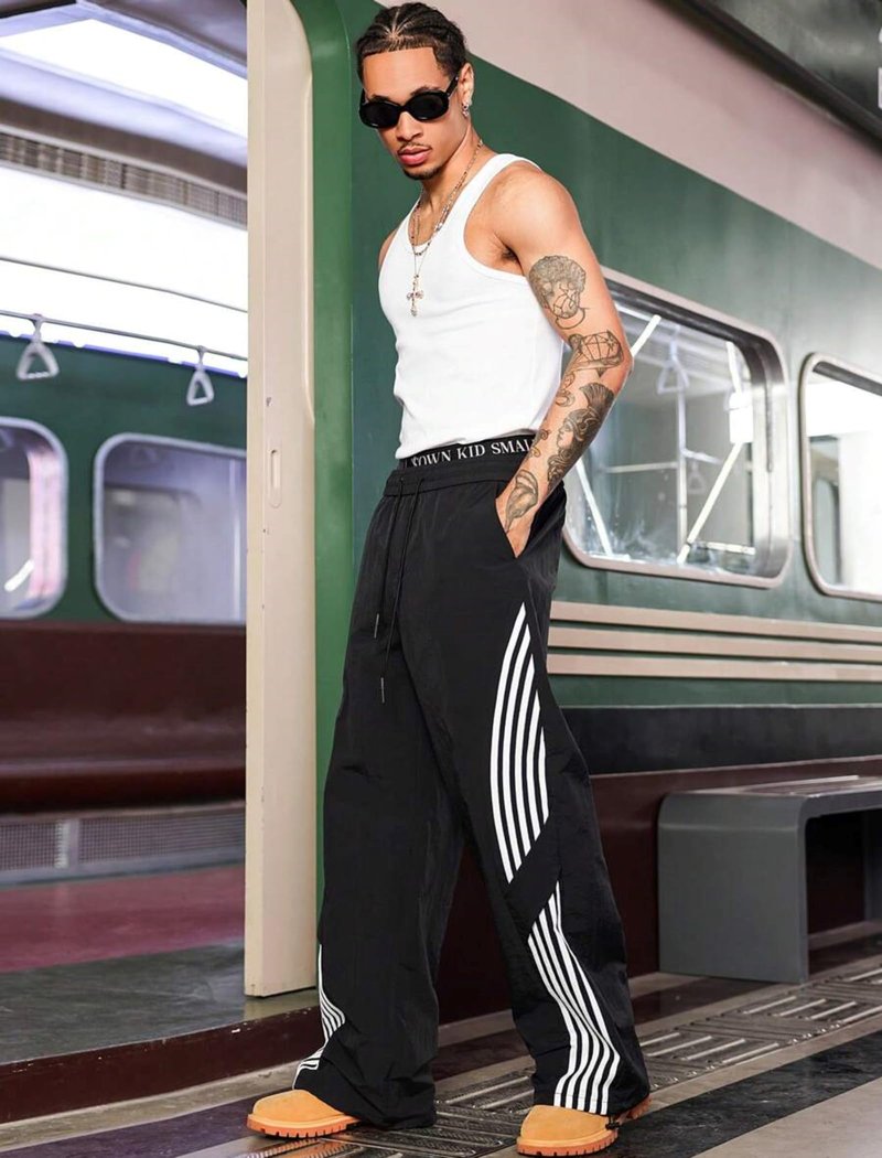 ZAFUL Men's Baggy Track Pants Y2K Streetwear Pants Drawstring Letter Pockets Casual Lounge Trousers (8-Black,XL)