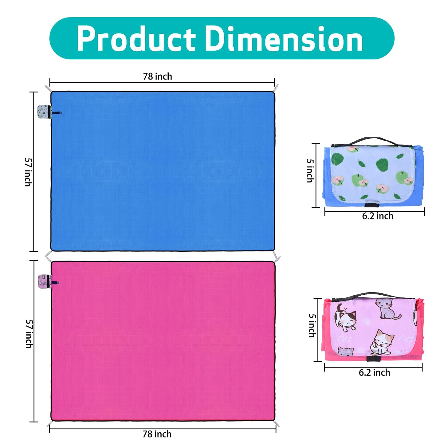 Waterproof Picnic Blanket with Stakes Windproof Outdoor Beach Camping Mat