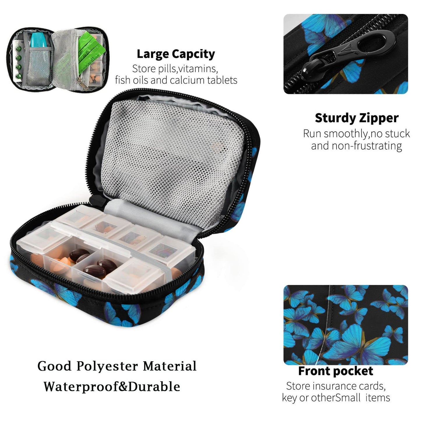 Fustylead Bright Blue Butterflies Travel Pill Organizer Case Zipper for Purse with Removable Weekly Pill Box for Medicine, Vitamin, Supplement Medicine Organizer
