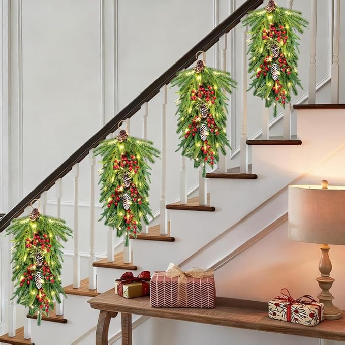 2025 Upgraded 26inch Christmas Swag with Lights Lush Norfolk Pine Teardrop Swags Christmas Wreaths with Lights Greenery Stairway Swags Staircase Decorations for Door Indoor Outdoor Home Hanging Décor