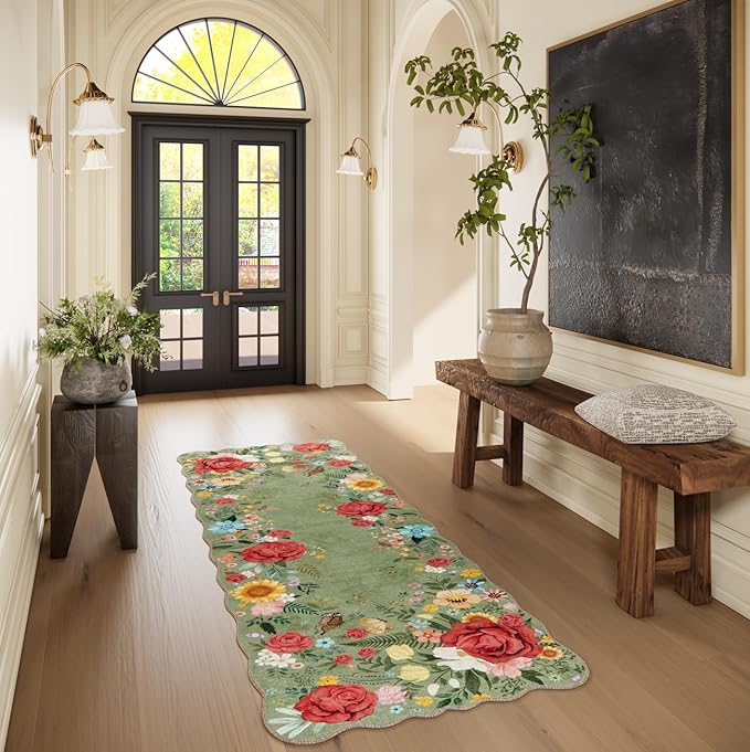 Kitchen Rug Runners for Hallways: 2x6 Washable Runner Rugs for Kitchen Ultra Thin Stain Resistant Non Slip Low Pile Lightweight Vintage Floral Carpet for Laundry Room, Bedside Decor (Green)