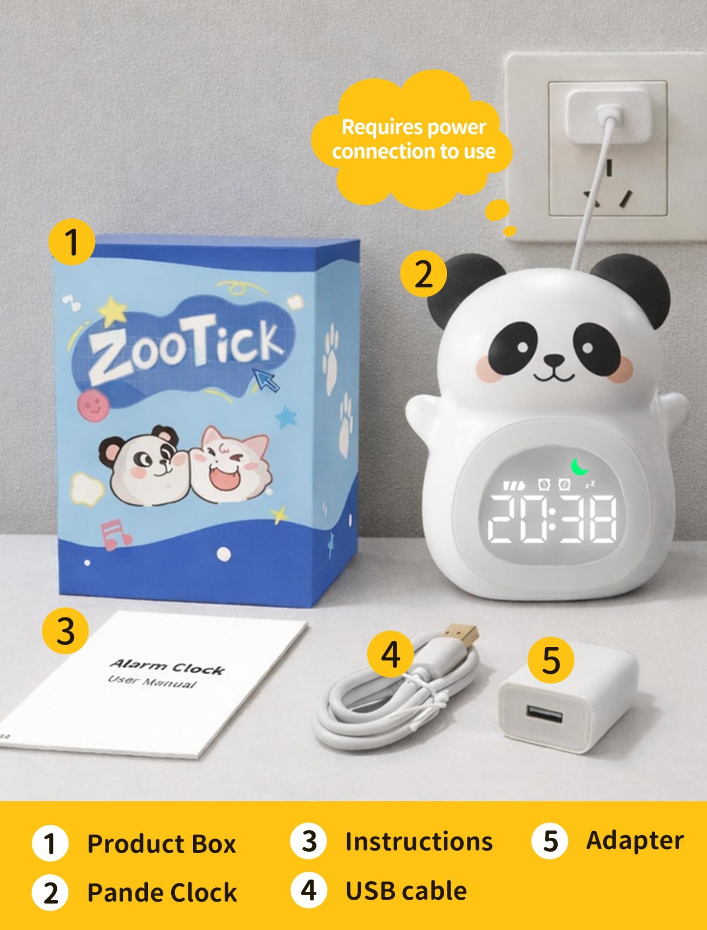 MASHI Panda Kids Alarm Clock, Sun & Moon Sleep Trainer for Toddlers, Cute Animal OK to Wake Clock with 9 Color Night Light, 6 Soothing Sounds, Dual Alarm, for Boys & Girls