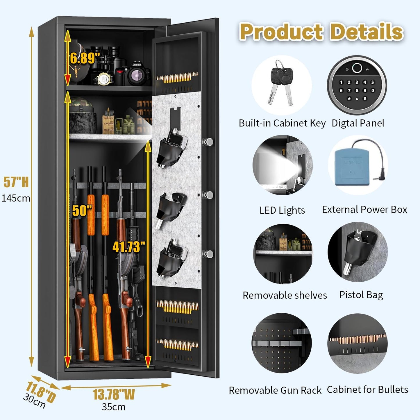 Biometric Gun Safe, Long Gun Safe, Rifle for Rifles and Pistols, Large Gun Cabinet with Fingerprint Lock for Home, No Assembly Required, Holds 14-15 Firearms with Adjustable Racks & Pistol Pockets