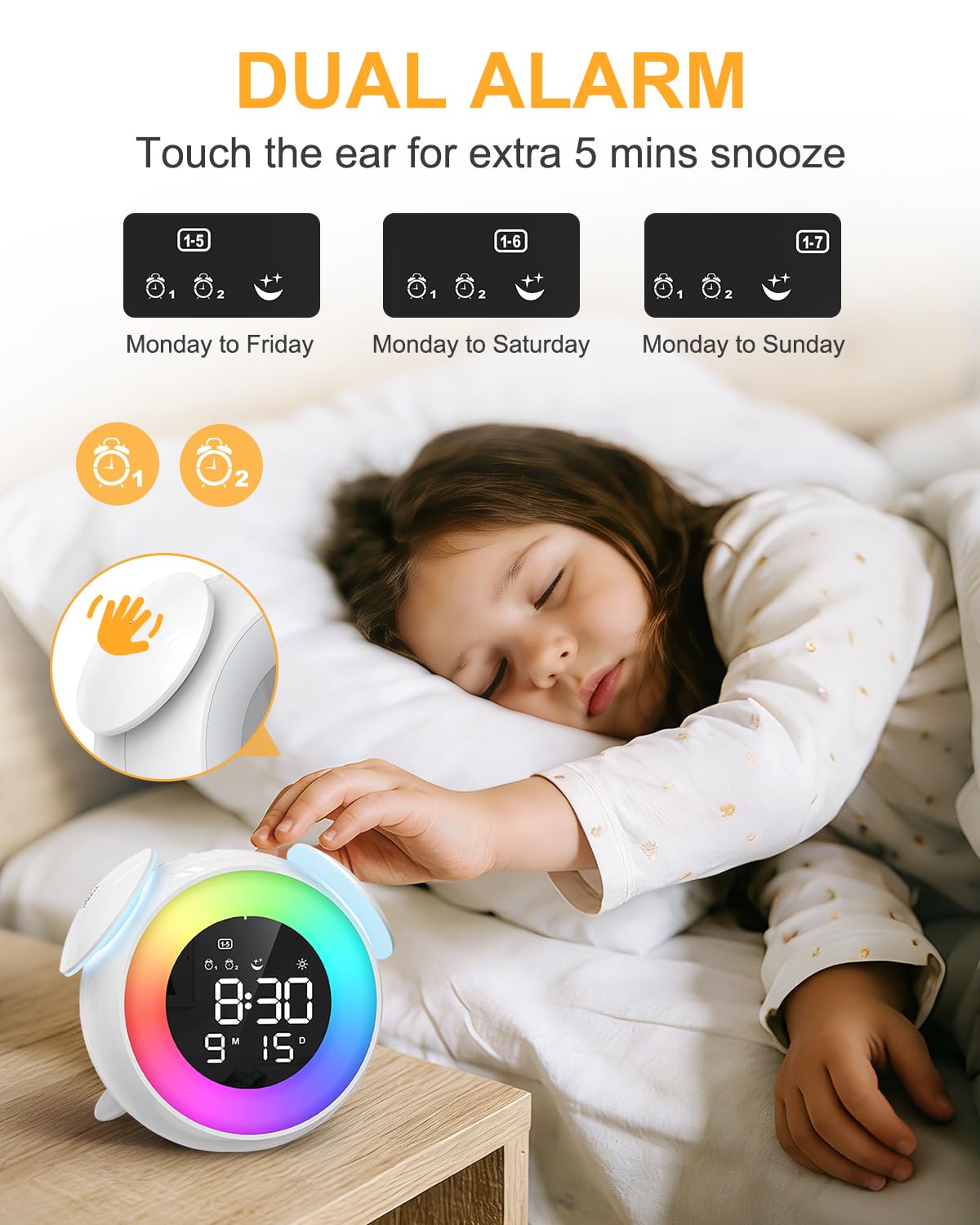Homiyteck Kids Alarm Clock, Toddler Sleep Training Clock, OK to Wake Alarm Clock with 9 Colors Night Light, 7 Soothing Sounds, Dual Alarms, Birthday Gift for Boy Girls Children