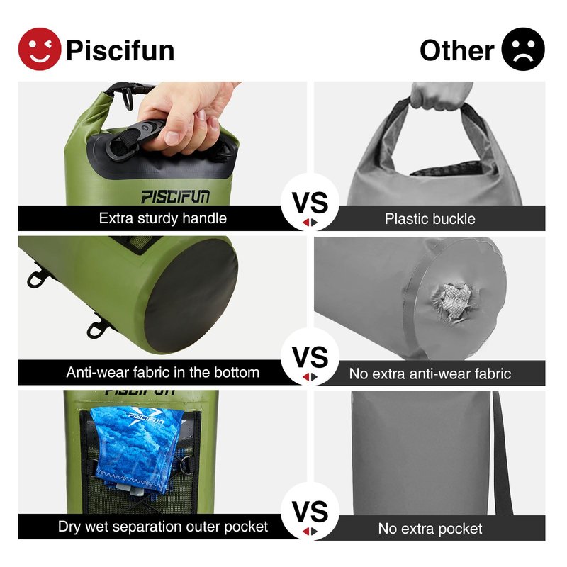 Piscifun Dry Bag, Waterproof Floating Backpack 20L with Waterproof Phone Case for Boating, Kayaking, Fishing, Army Green 20L