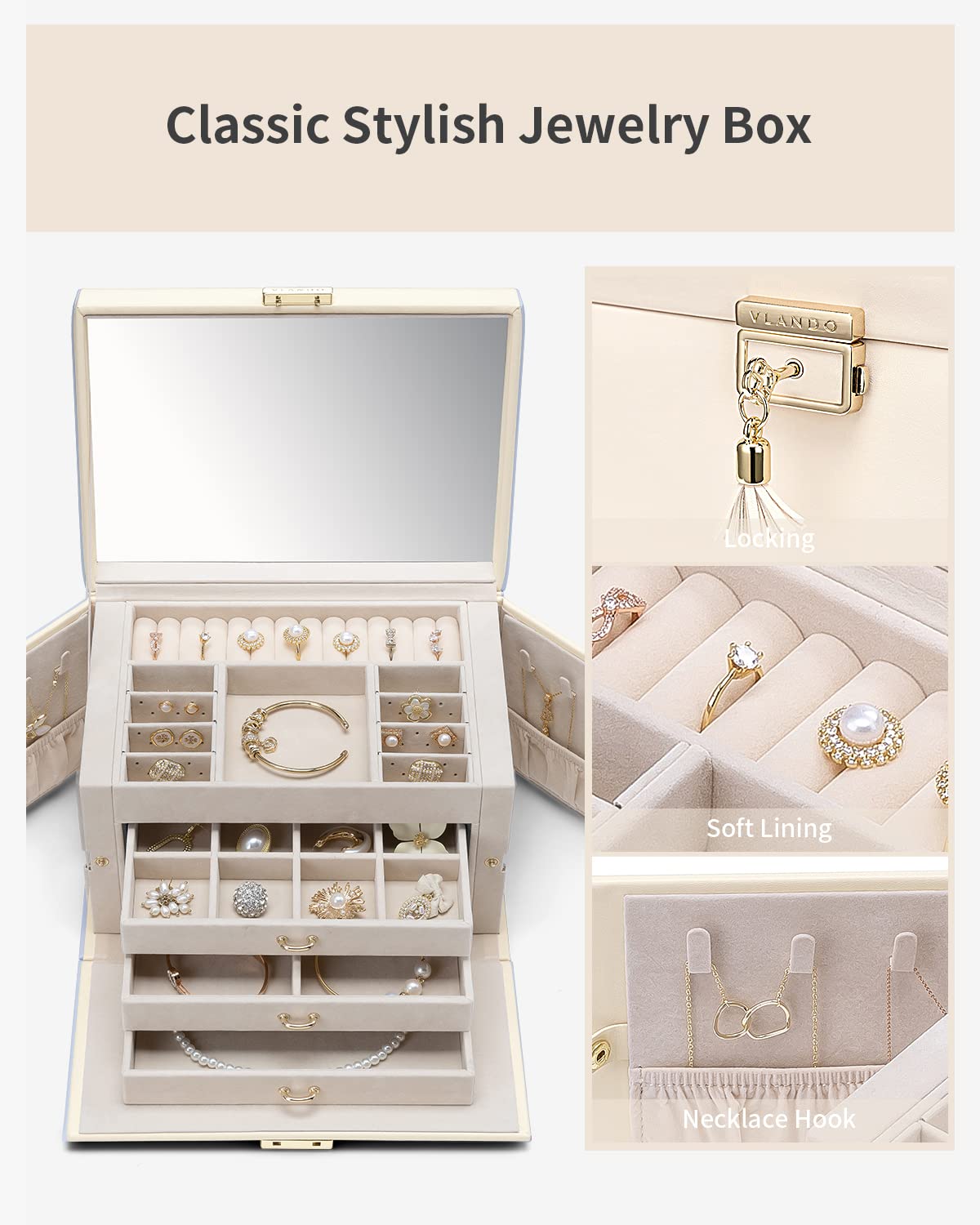 VLANDO Jewelry Box for Mothers Day Teacher Appreciation Gifts, 4-Tier Jewelry Organizer with Lock, Mirror Jewelry Box for Earring, Ring, Necklace, Jewelry Storage for Women Girls - Beige
