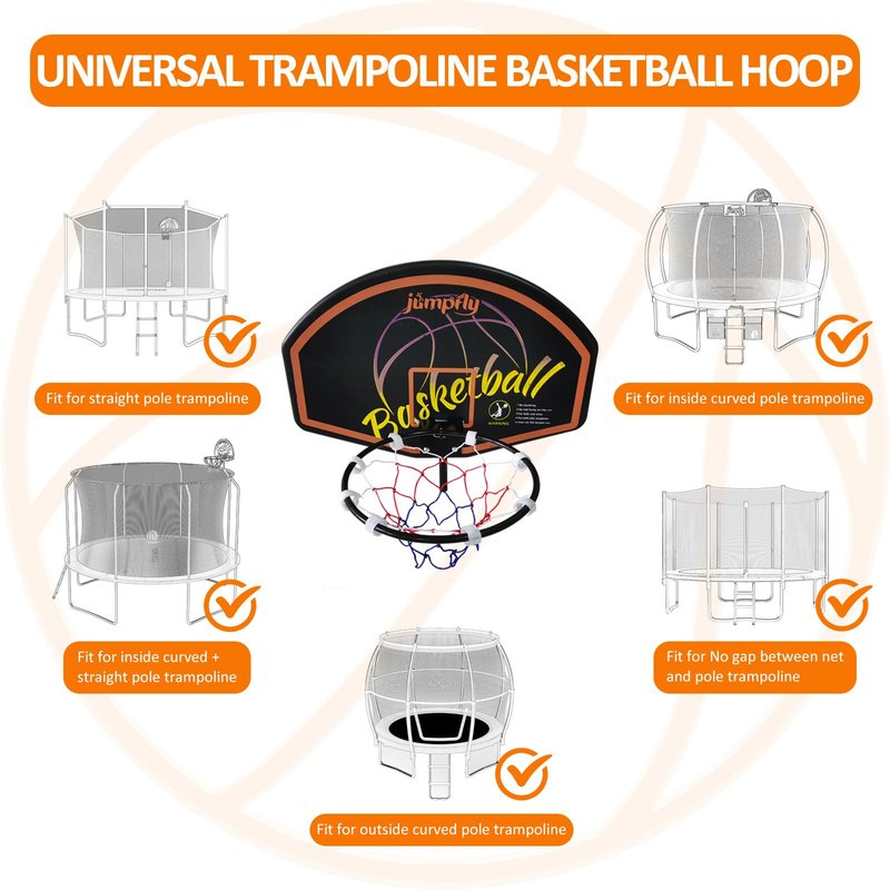 Jumpfly Trampoline Basketball Hoop Attachment, Basketball Hoop for Trampoline Easy to Install, Universal Trampoline Accessories Fits Straight Pole & Curved Pole with Mini Balls & Pump
