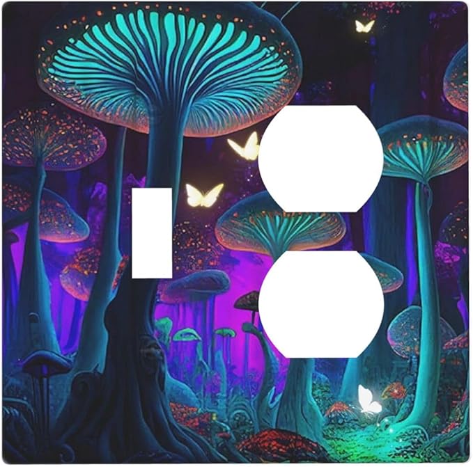 Decorative Light Switch Cover Plate Fantasy Mushroom Forest Glowing Butterfly 2 Gang Outlet Covers 1 Toggle 1 Duplex Wall Plate Decorate Electrical Switch Plate Covers for Bathroom Home Decor
