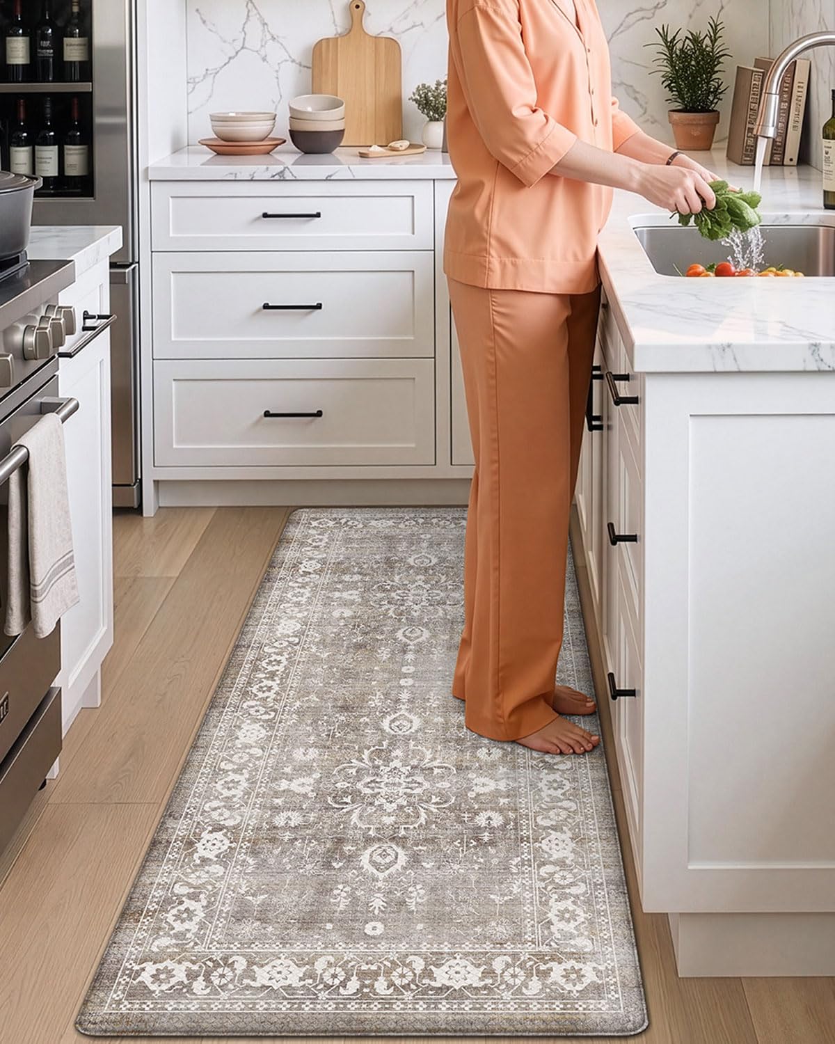 DEXI Kitchen Floor Mats Cushioned Anti Fatigue, 23x86 Long Wide Standing Comfort Runner Rug, Waterproof Retro Floral Memory Foam Padded for Front Sink Laundry, Grey Floral