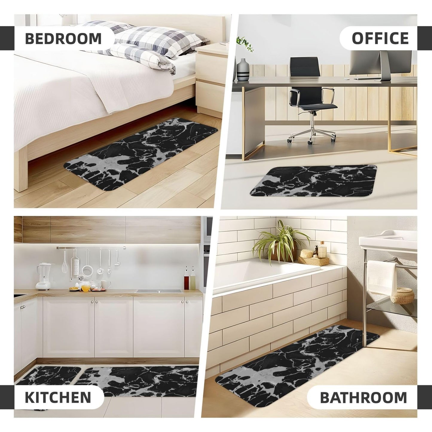 Scczsin Black Gray Marble Kitchen Rugs Microfiber Floor Mats Cushioned Carpet Runner Rug for Laundry Bathroom Living Room, 2 Piece Set 17"X 47" + 17"X 30"