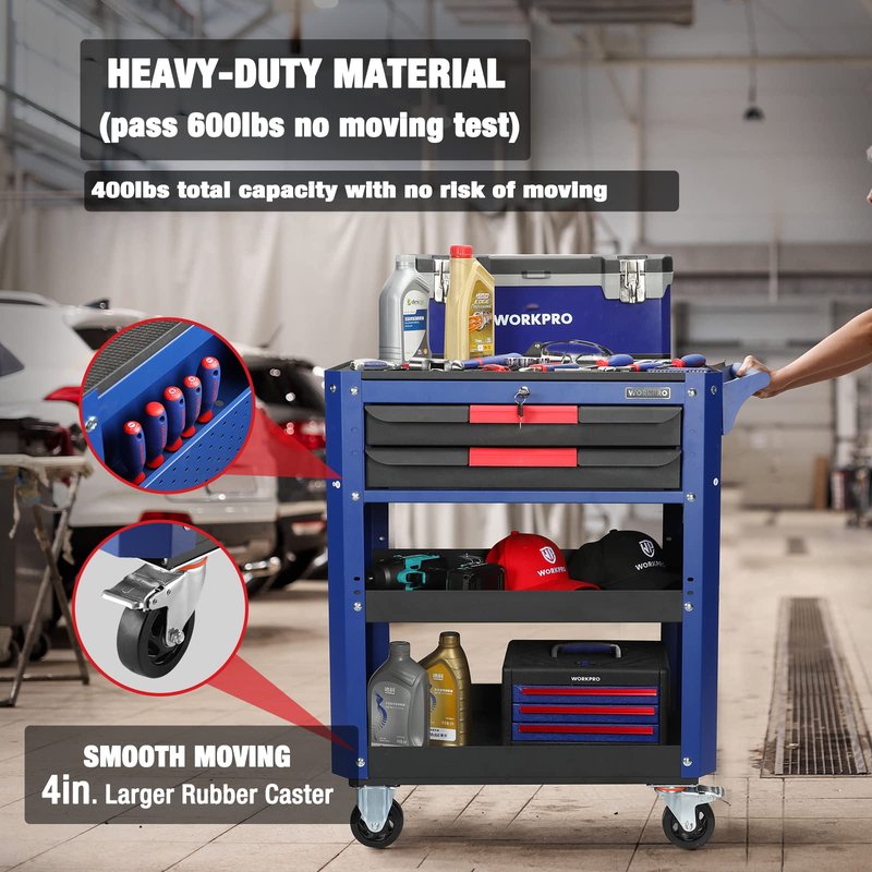 WORKPRO 28” Rolling Tool Cart, Premium 2-Drawer Utility Cart, Heavy Duty Industrial Storage Organizer Mechanic Service Cart with Wheels and Locking System, 400 lbs Load