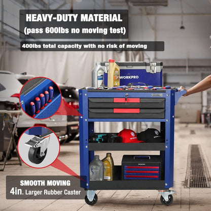 WORKPRO 28” Rolling Tool Cart, Premium 2-Drawer Utility Cart, Heavy Duty Industrial Storage Organizer Mechanic Service Cart with Wheels and Locking System, 400 lbs Load