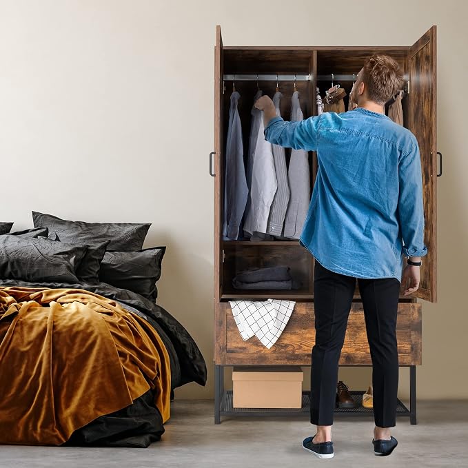 VINGLI 38" W Armoire, Wardrobe Closet with Hanging Rod, Bedroom 71" Freestanding Wardrobe Cabinet with Doors, Adjustable Shelves and Drawer, Open Compartment, Rustic Brown