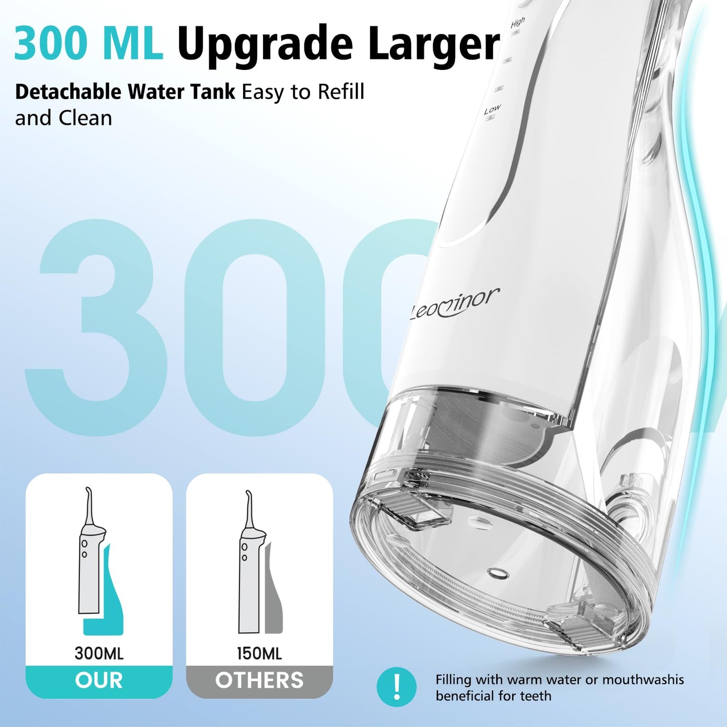 Leominor Water Flosser Pick for Teeth, 300ML Portable Oral Irrigator Upgraded Tank Removable,IPX7 Waterproof, Rechargeable Travel Teeth Cleaner, Professional Electric Flossing Machine (Pink)