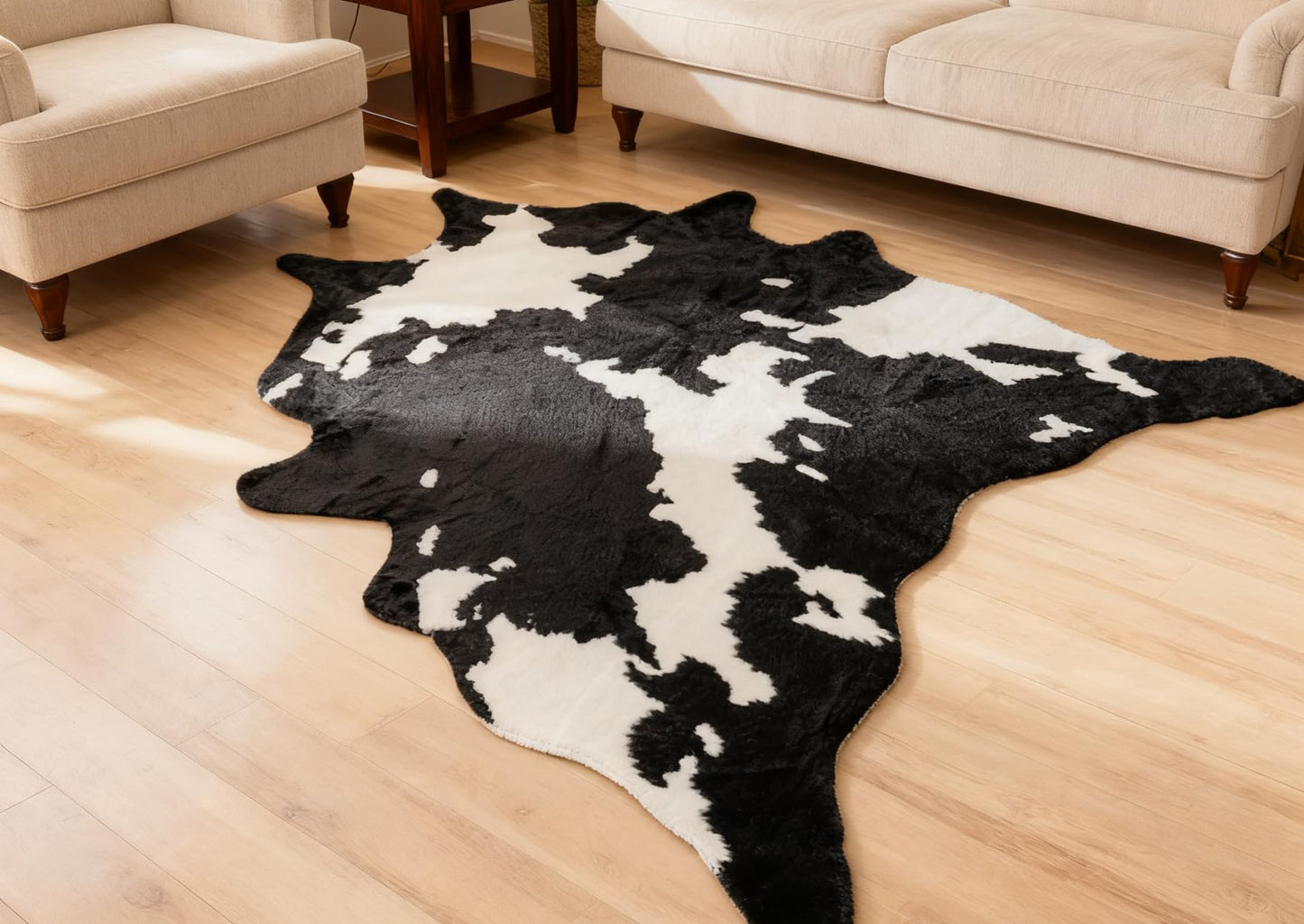 Faux Cowhide Rug Cow Print Area Rug for Living Room Bedroom Soft Faux Fur Animal Print Skin Western Boho Decor Natural Pattern Hide Carpet with No-Slip Floor Mat (5.2ft x 7.2ft)