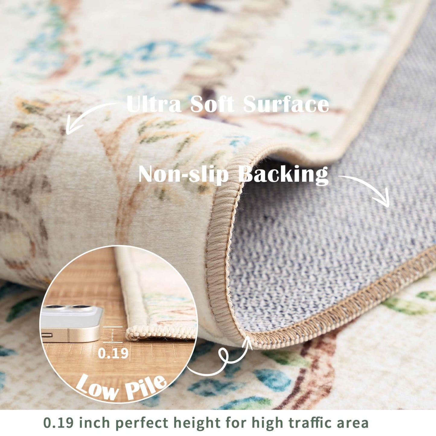jinchan Yarden Washable Small Area Rug, 2x3 Half Circle Nature Plants Entryway Rug, Low Pile Doormat Soft Non Slip Dirt Trapping Carpet for High Traffic Kitchen Bathroom Vanity, Natural Ivory
