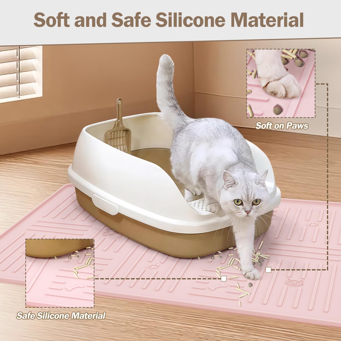 Gentledog Large Silicone Cat Litter Mat, 34.3" X 24.8" Litter Trapping Mat, Soft and Waterproof Cat Litter Box Mats for Floor-Pink