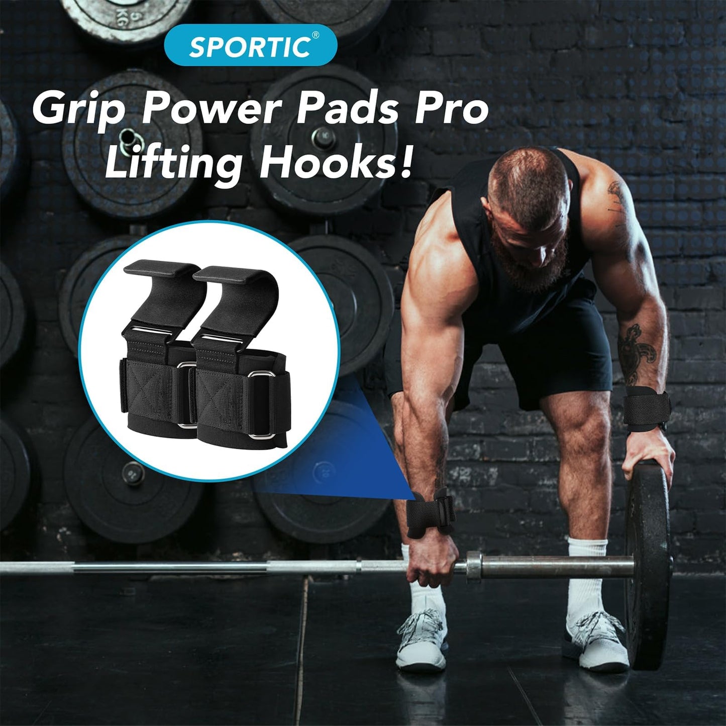 SPORTIC Weight Lifting Hooks (Pair) - Heavy Duty Lifting Wrist Straps, Hand Grip Support for Deadlifts, Pull Ups, Shrugs, Weightlifting Hooks Gym Gloves for Men and Women