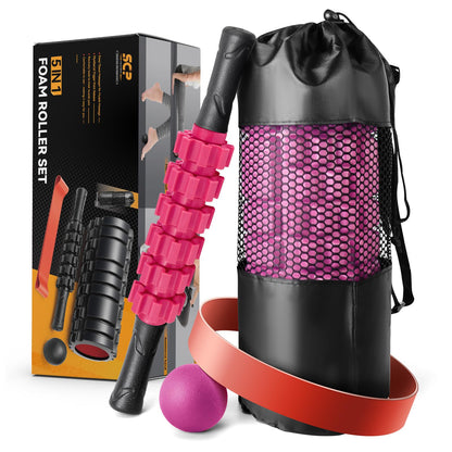 5 in1 Foam Roller Set, Trigger Point Foam Roller, Massage Roller Stick, Massage Ball, Resistance Band for Deep Muscle Massage Pilates Yoga,Fitness Exercise for Whole Body (Black-Red)