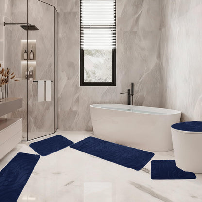 Aqzuxira Bathroom Rug Sets 5 Piece, Ultra Soft Absorbent Non-Slip Plush Bath Mats, Includes Toilet Cover, Bath Runner and U-Shaped Contour Toilet Rug, Machine Washable,Navy Blue
