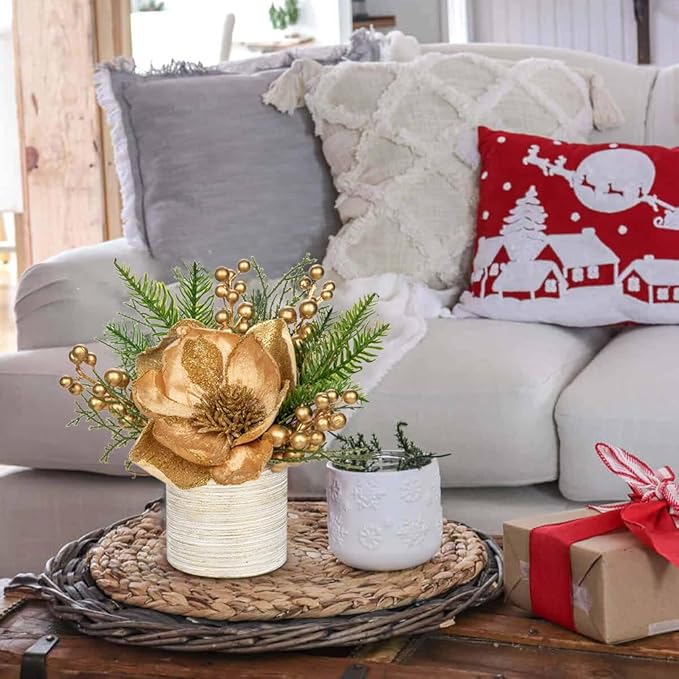 DILATATA 10 inch Gold Christmas Table Centerpiece with 5" Glitter Magnolia Flower Berries Fir Greenery Artificial Floral Centerpiece in Silver Ceramic Pot for Christmas Tabletop Arrangement