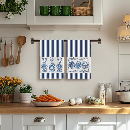 Artoid Mode Blue Stripe Rabbit Bunny Eggs Easter Kitchen Towels Dish Towels