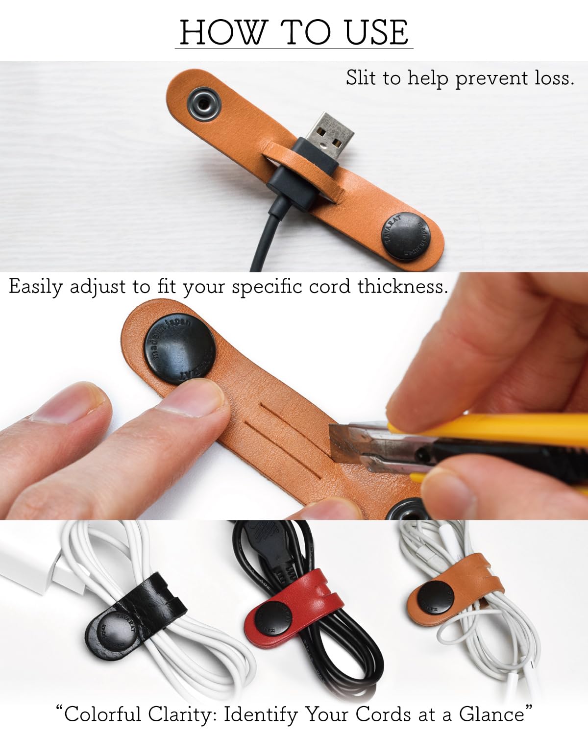 TAVARAT Cord Organizer, Cable Organizer, Charger Organizer, made in Japan, Genuine Leather, Cable Straps, Cable management, Cable Holder (Camel, set of 3)