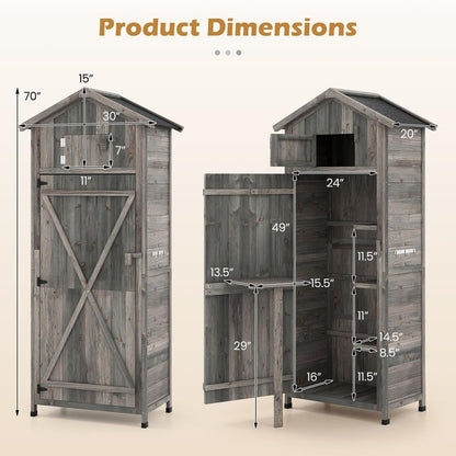 IRONMAX Outdoor Wooden Storage Shed, 70 Inches Outside Vertical Tool Storage Cabinet w/Folding Table & Removable Shelves, Tall Wood Garden Shed for Patio, Deck, Backyard, Lawn (Grey, 30“x20”x70”)