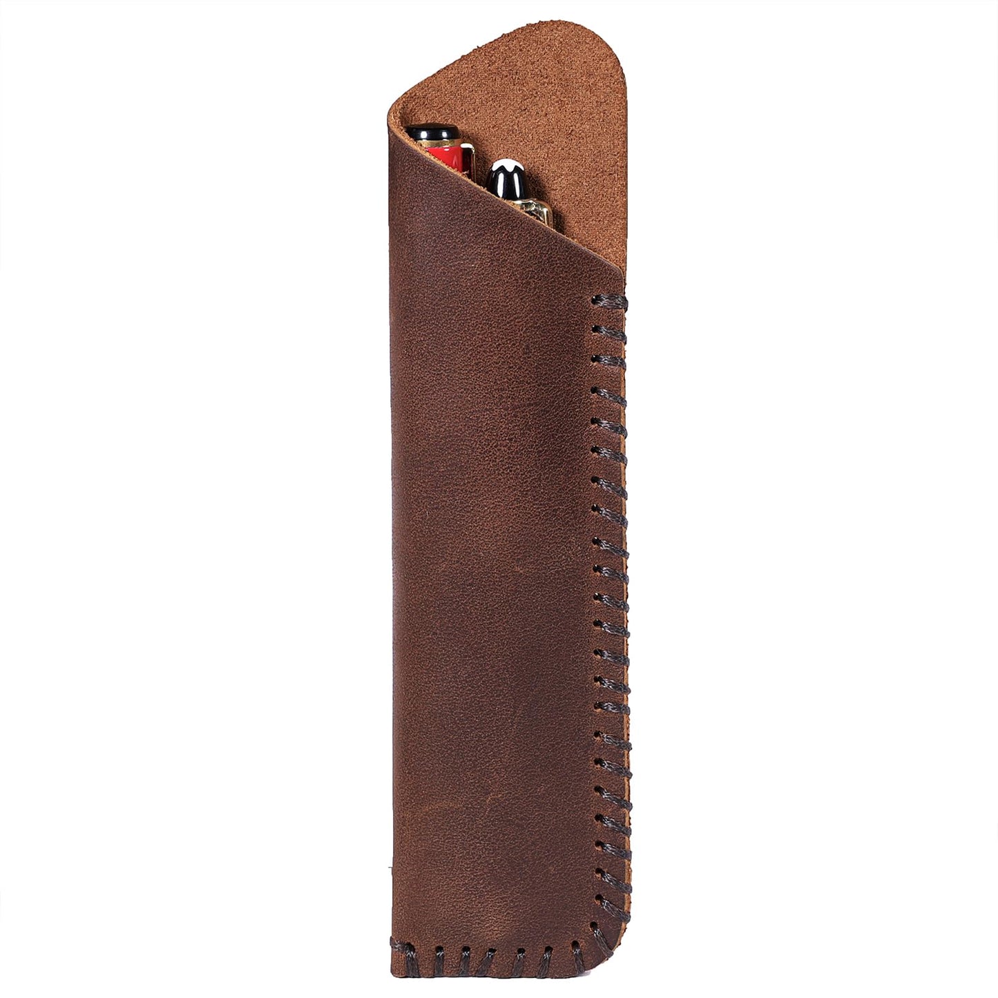 Handmade Genuine Leather Double Pen Case Fountain Pen Sleeve Holder Pouch Cover Vintage (Coffee)