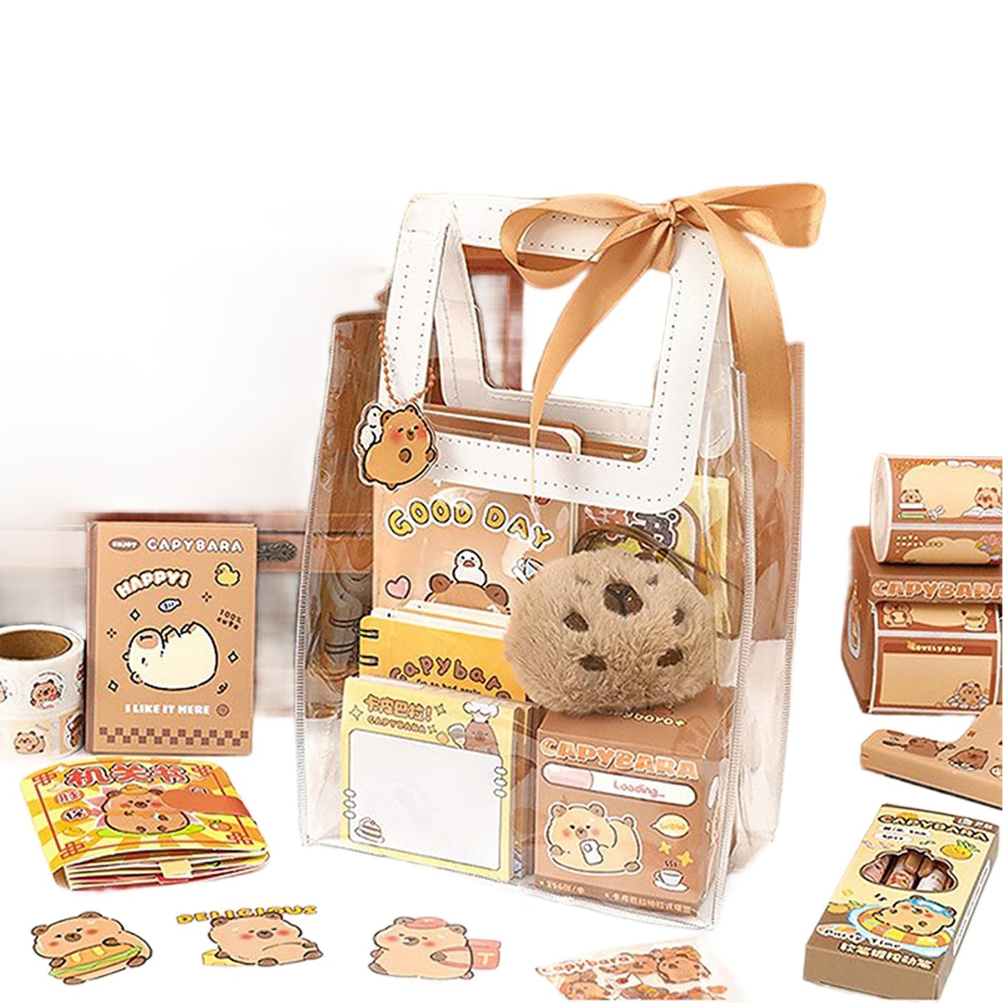 ERANC Capybara Stationery Set for Girls – Cute School Supplies Gift Bundle with Pencils, Notebook, Triangle Ruler, Stickers, Notepad, and Keychain Charm – Nice Gift for Kids (127Pcs)