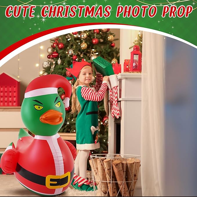 Hungdao 1 Pcs 4 Feet PVC Christmas Giant Inflatable Green Hair Monster Duck Huge Rubber Large Blow up Duck Christmas Pool Floats for Xmas Holiday Indoor Outdoor Pool Decorations