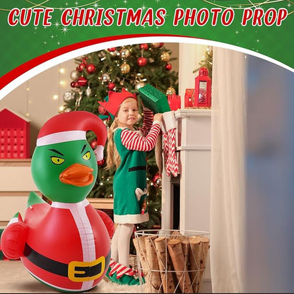 Hungdao 1 Pcs 4 Feet PVC Christmas Giant Inflatable Green Hair Monster Duck Huge Rubber Large Blow up Duck Christmas Pool Floats for Xmas Holiday Indoor Outdoor Pool Decorations