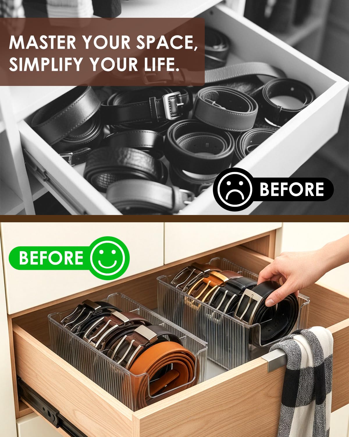 HAYVAN 2 Pack Acrylic Extendable Belt Organizer - Clear Belt Holder with Adjustable Dividers Fits Most Sizes, Storage Box for Ties, Bows, Masks, Jewelry (Space-Saving)