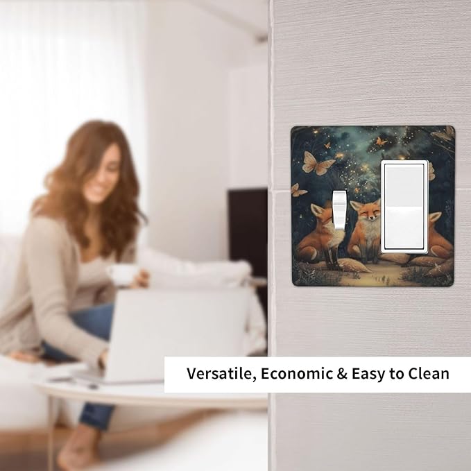 Decorative Art Light Switch Covers Foxes & Forest 2 Gang Single Toggle Rocker Combination Electrical Faceplate Switchplate Wall Plate for Home Decor