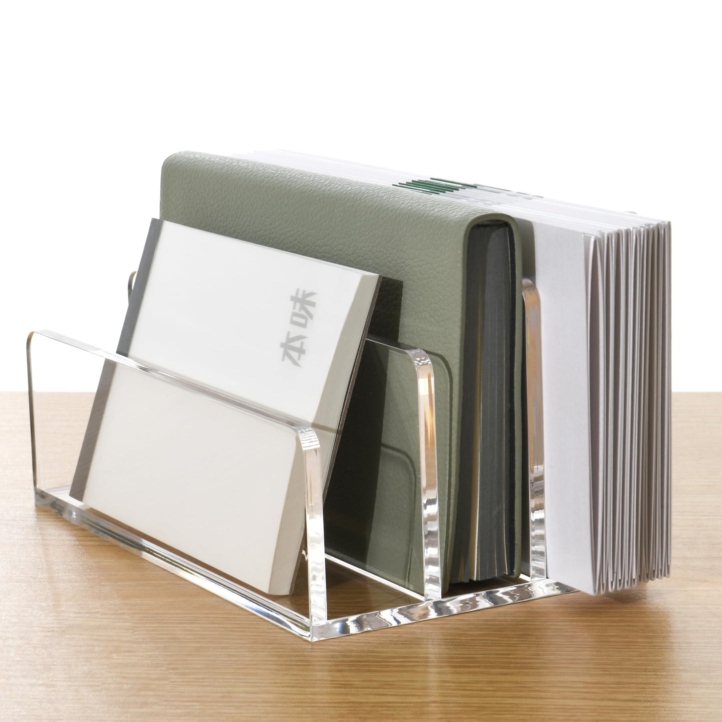AIMOLLY 3 Compartments Clear Acrylic Mail Holder – Vertical Letter Sorter & Multifunction Desk Organizer for Bills, Documents, Notebooks – Modern Office/Home Envelope File Rack