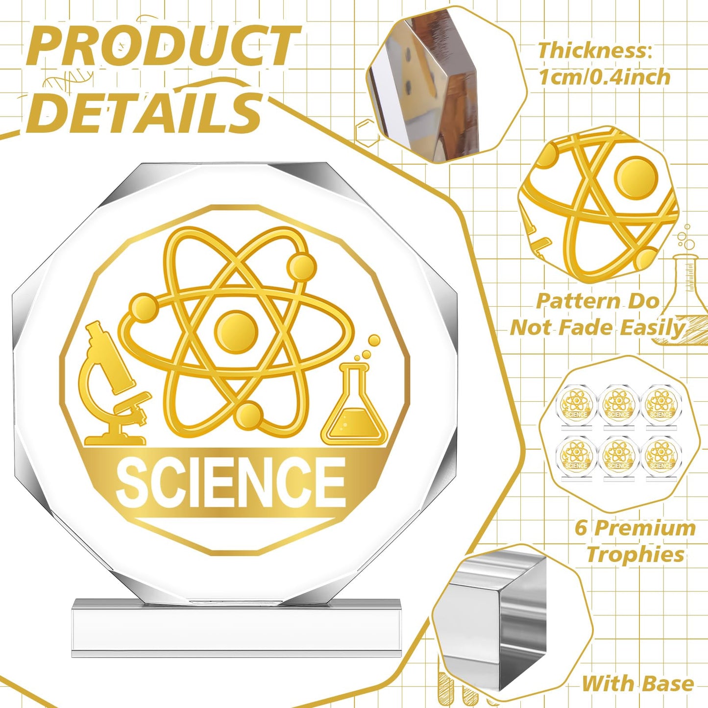 CroBlissful 3/6 Pcs Trophy Award 4.72 x 4.72 Inches Acrylic Trophy Plaques Awards for Adult Team Participation Gift Prizes(6 Pcs,Science Style)