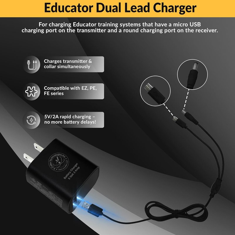 Educator Dual Lead Charger - Micro USB for Easy, Pro & FOB Series Training Collars | Reliable Power Supply