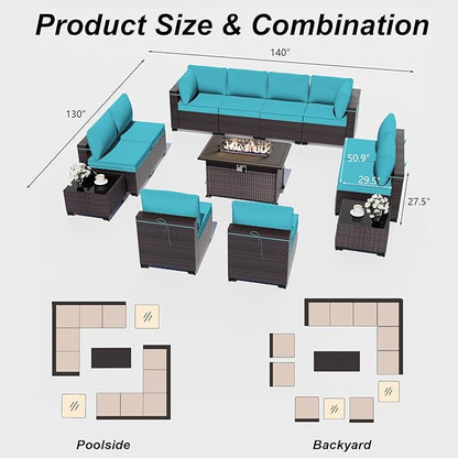 ALAULM 13 Pieces Patio Furniture Set with Fire Pit Table Outdoor Sectional Sofa Sets Outdoor Furniture 43" Gas Fire Pit CSA Approved PE Rattan Patio Conversation Set w/10 Seat Cushions (Blue)