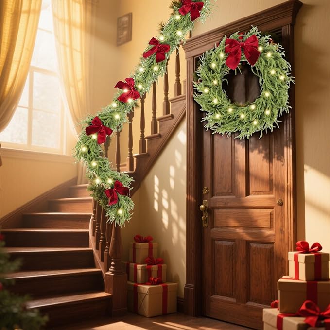 30 Inch Christmas Wreaths for Front Door with Lights,Lighted Norfolk Pine Door Wreath,Prelit Real Touch Artificial Green Winter Wreath with Large Burgundy Velvet Bow for Indoor Outdoor Decor