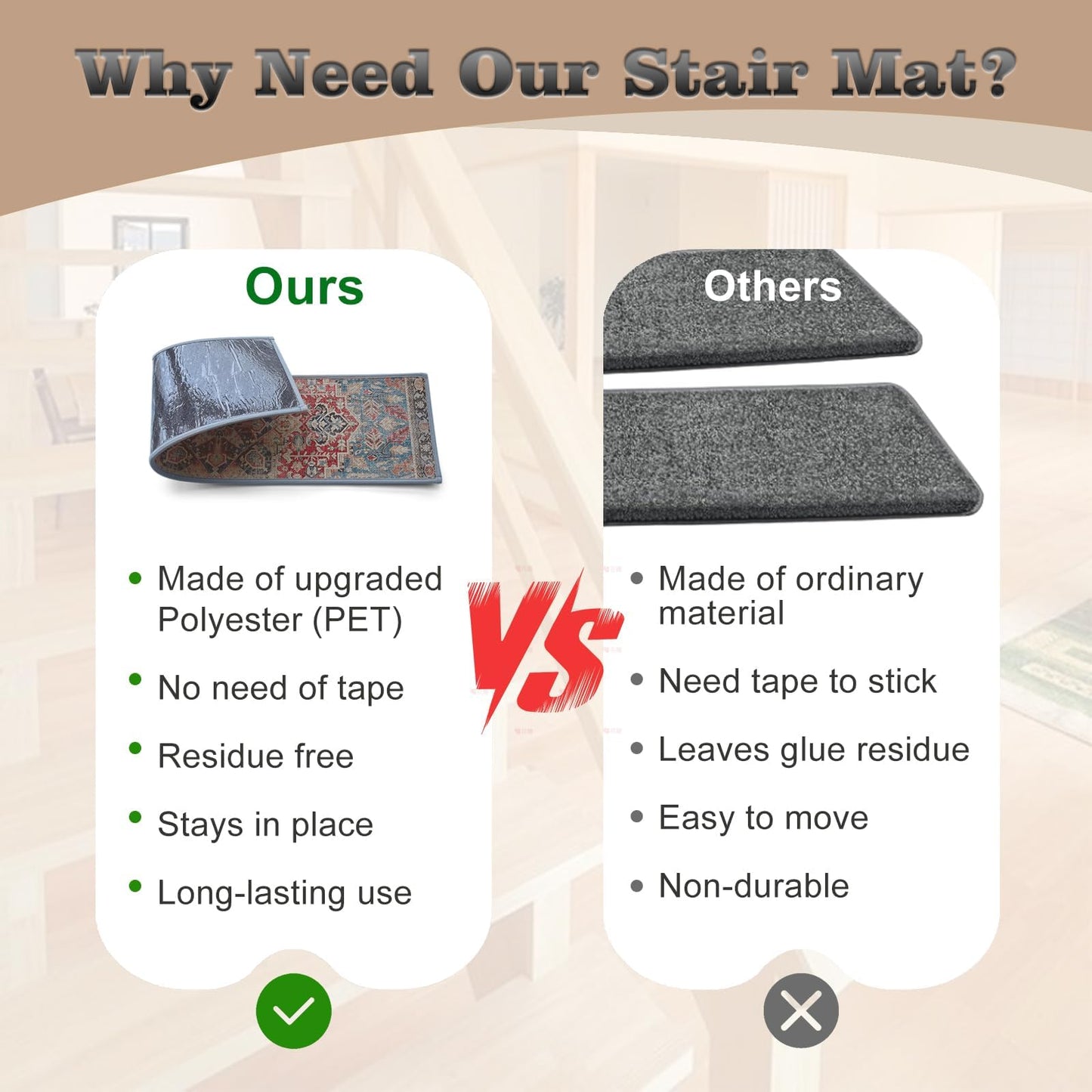 Non-Slip Stair Treads for Wooden Steps 15pcs,8"x30" Stair Carpet Treads for Indoor Use,Peel and Stick Stair Runners,Washable Reusable Adhesive Backing,Pet-Friendly Stair Capet for Kids,Elders,Dogs