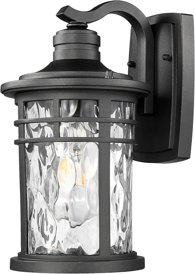 Outdoor Wall Light Fixtures Waterproof Outdoor Porch Light with Water Ripple Glass Black Finish Outdoor Porch Lights Wall Mounts for House 14.6 Inch Height