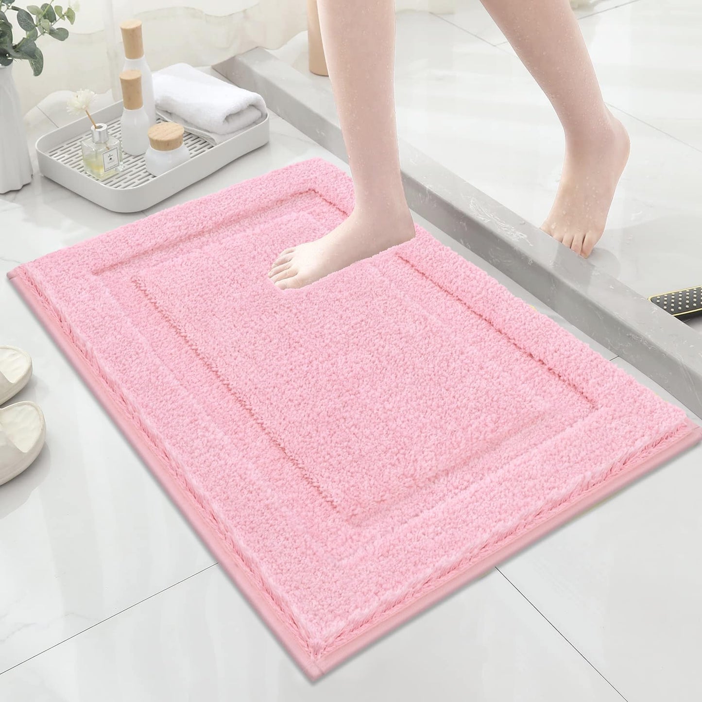 SHACOS Pink Bathroom Rugs 2 Piece Set 20x32 + 16x24 inch, Non Slip Bath Mat Microfiber Bathroom Rug, Soft Fluffy Water Absorbent Washable Bath Rugs