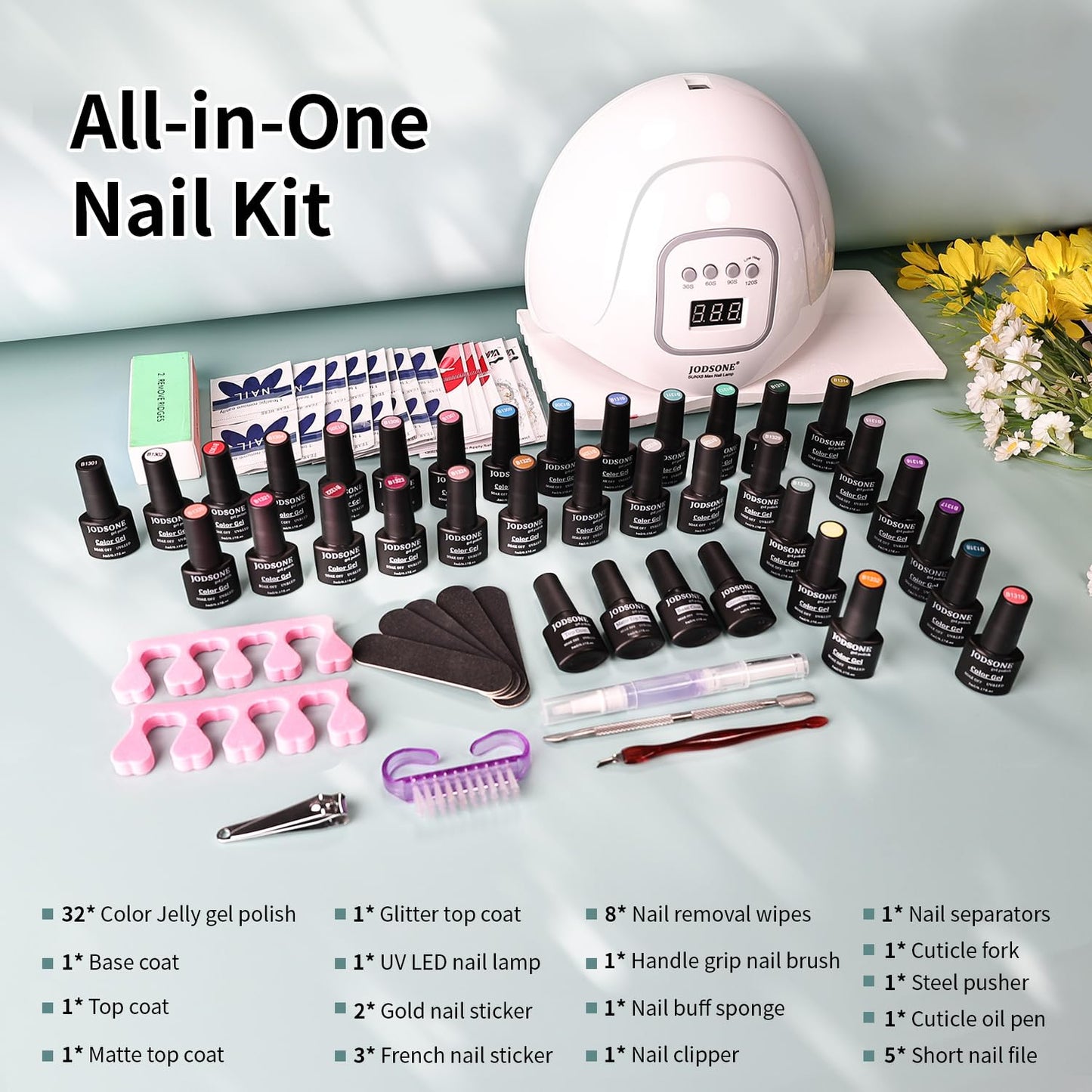 JODSONE Gel Nail Polish Kit with U V Light 32 Colors Gel Polish Nail + 4 Functional Adhesive Bottles Kit Soak Off Manicure Tools Gifts for Women