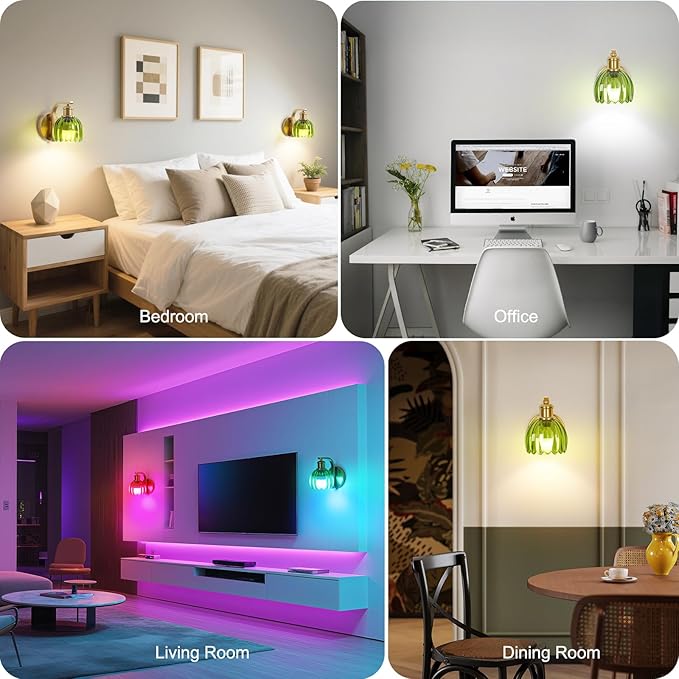 Rechargeable Battery Operated Wall Sconce with Green Glass Lampshade, Wireless Wall Scone Decor with Remote Control, 15 Colors Gold Wall Light for Bedside Hallway Bedroom Doorway
