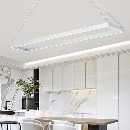 Modern Led Chandelier Linear Rectangle Chandelier Modern Led Pendant Light Kitchen Island Lighting Fixture 6000K Dimmable 39.4” Contemporary Hanging Light for Dining Room Living Room Silver