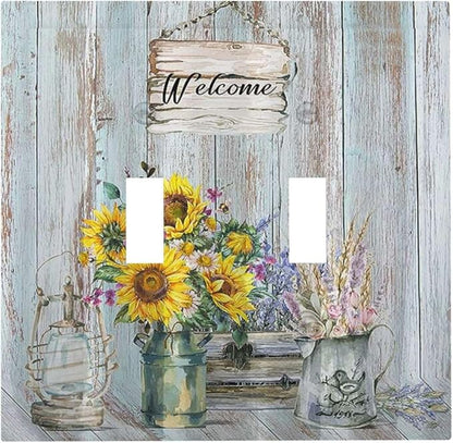 Sunflower Vintage Barn Wooden 2 Gang Light Switch Plate Cover Sun floral Double Toggle Wall Plate Decorative Switchplate Electrical Faceplate Farmhouse Home Livingroom Decor