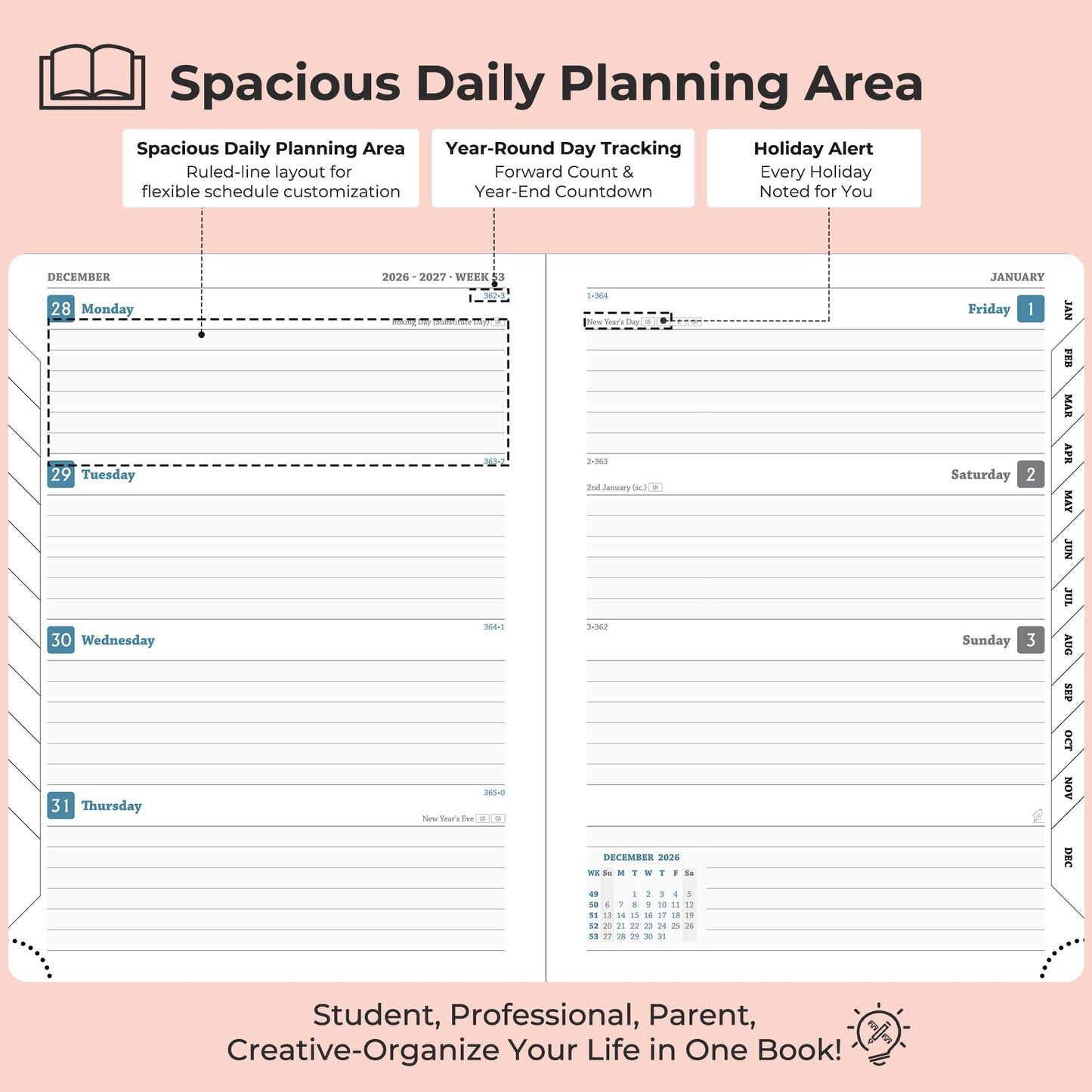 IN-LUXPRO Planner 2026-2027 Daily Weekly and Monthly,8.5"x6.5",18 Months Spiral Bound Calendar Agenda with Self-adhesive Pen Holder,2026 Academic Plan with Vegan Leather Soft CoverPink