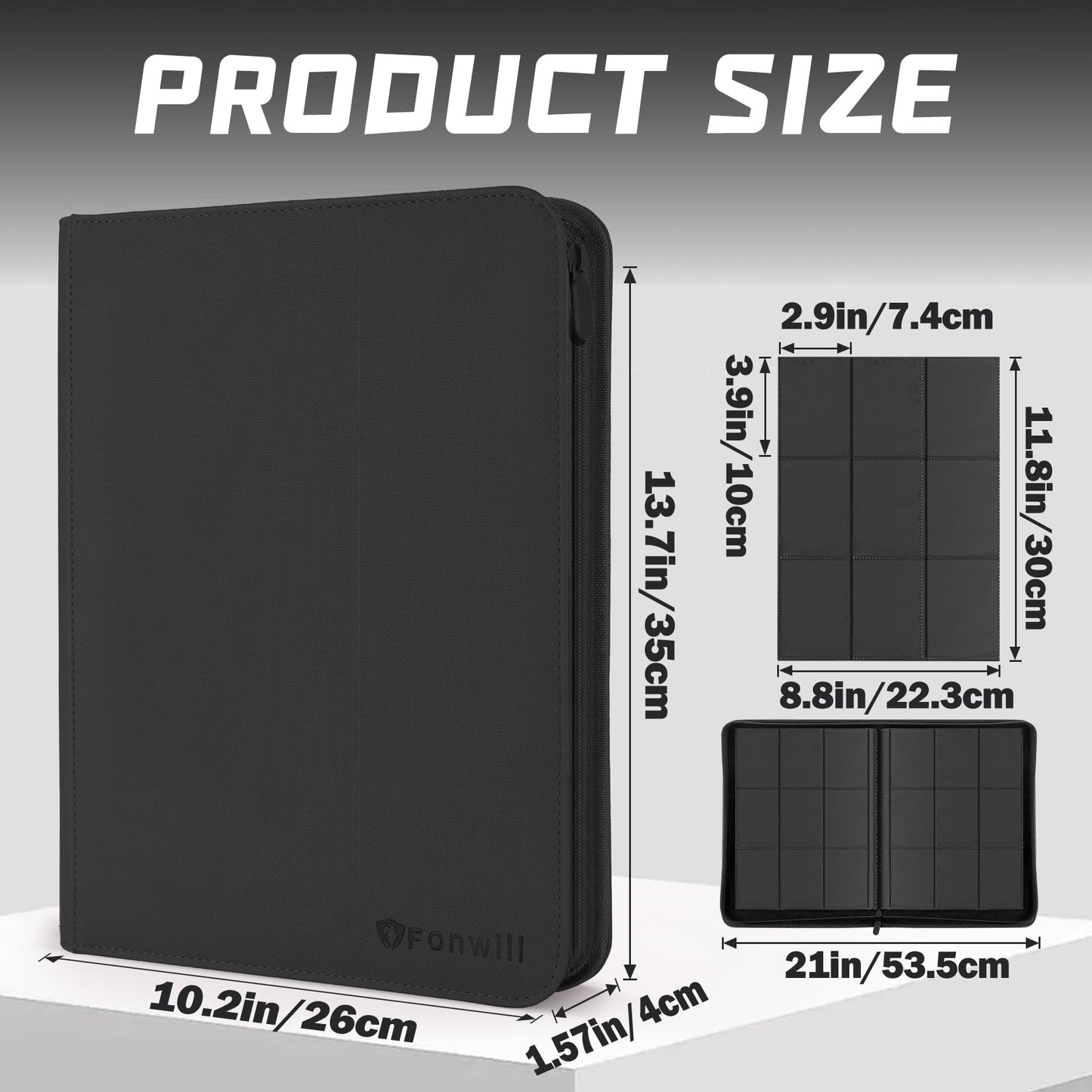 Trading Card Binder 9 Pocket, 360 Pockets Trading Card Holder Book, Premium PU Cover Zip Folder Binder, Side Loading Carrying Case Binder Album for TCG, MTG,Sports Cards, Game Cards (Black)